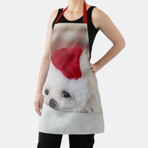 Cute White Dog in a Red Christmas Hat Apron