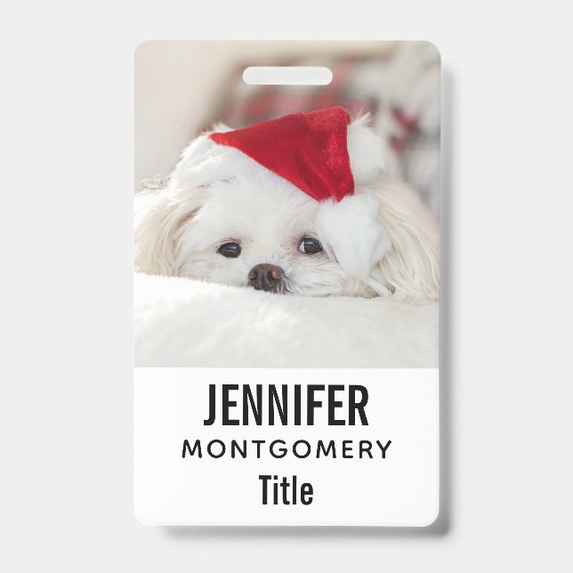 Cute White Dog in a Red Christmas Hat Badge (Front)
