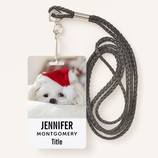 Cute White Dog in a Red Christmas Hat Badge (Front with Lanyard)