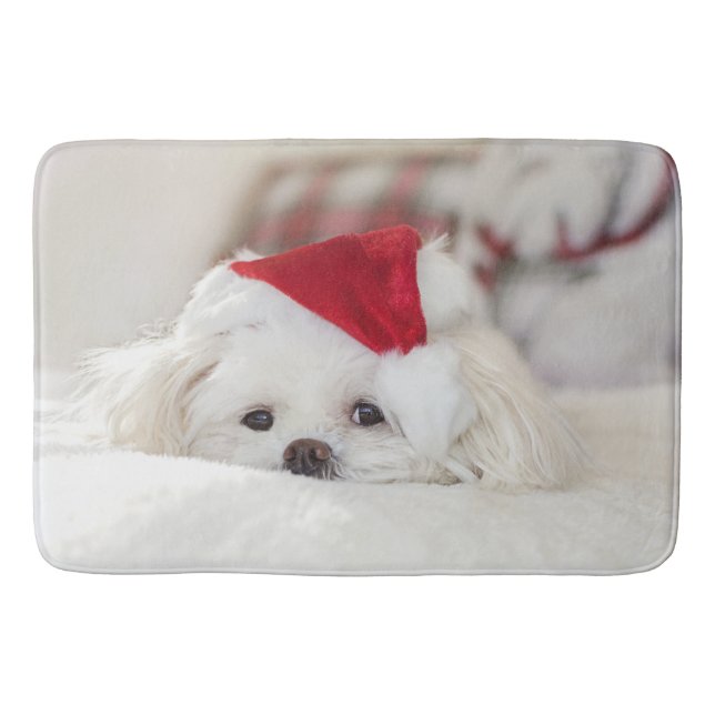 Cute White Dog in a Red Christmas Hat Bath Mat (Front)