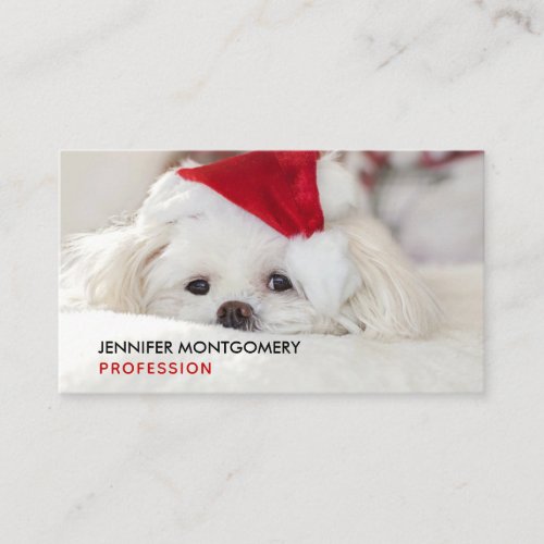 Cute White Dog in a Red Christmas Hat Business Card