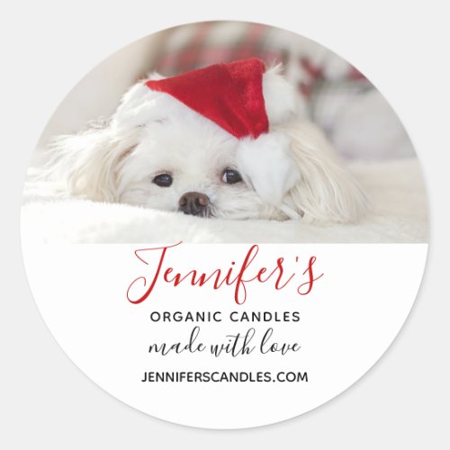 Cute White Dog in a Red Christmas Hat Business Classic Round Sticker