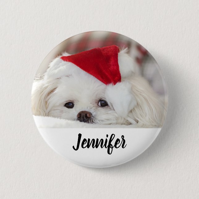 Cute White Dog in a Red Christmas Hat Button (Front)