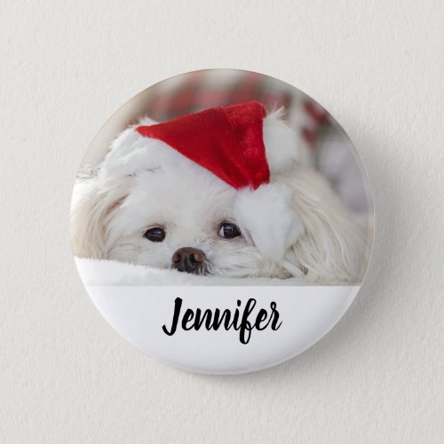 Cute White Dog in a Red Christmas Hat Button