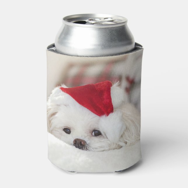 Cute White Dog in a Red Christmas Hat Can Cooler (Can Front)
