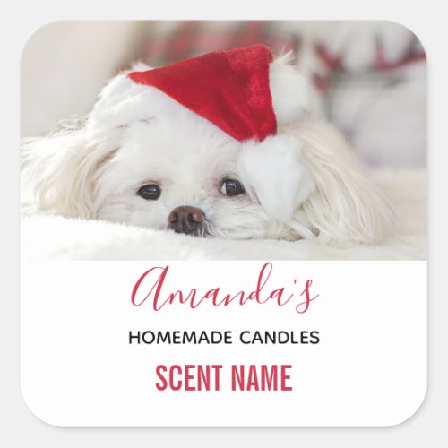 Cute White Dog in a Red Christmas Hat Candle Scent Square Sticker