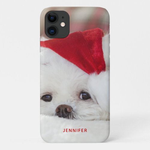Cute White Dog in a Red Christmas Hat iPhone 11 Case