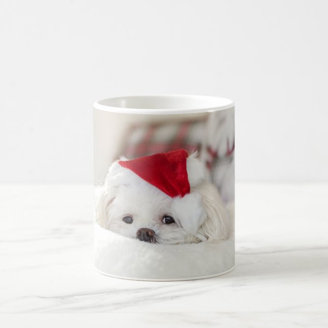 Cute White Dog in a Red Christmas Hat Coffee Mug (Center)