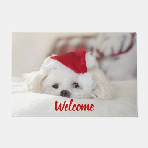 Cute White Dog in a Red Christmas Hat Doormat