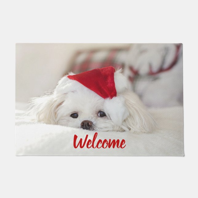 Cute White Dog in a Red Christmas Hat Doormat (Front)