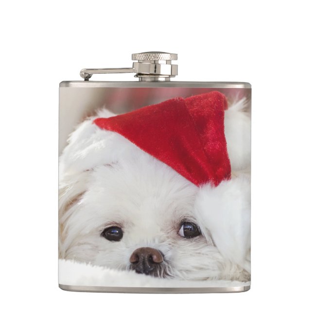 Cute White Dog in a Red Christmas Hat Flask (Front)