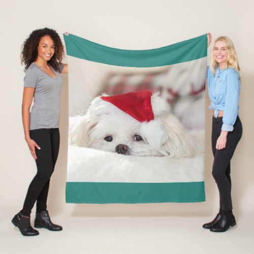 Cute White Dog in a Red Christmas Hat Fleece Blanket