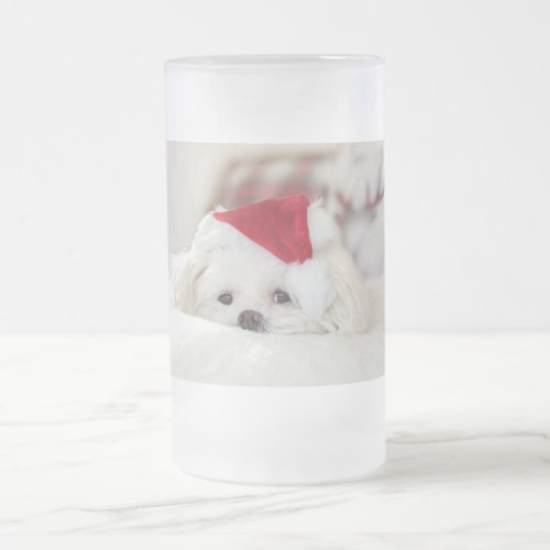 Cute White Dog in a Red Christmas Hat Frosted Glass Beer Mug