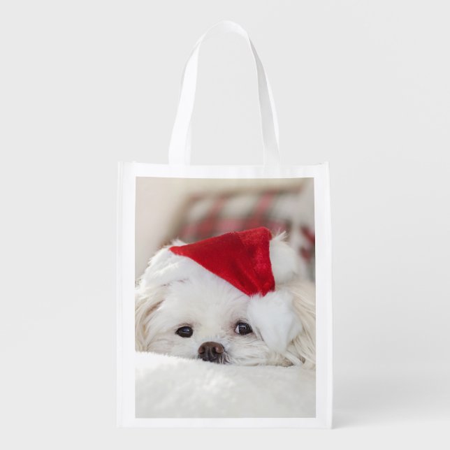 Cute White Dog in a Red Christmas Hat Grocery Bag (Front)