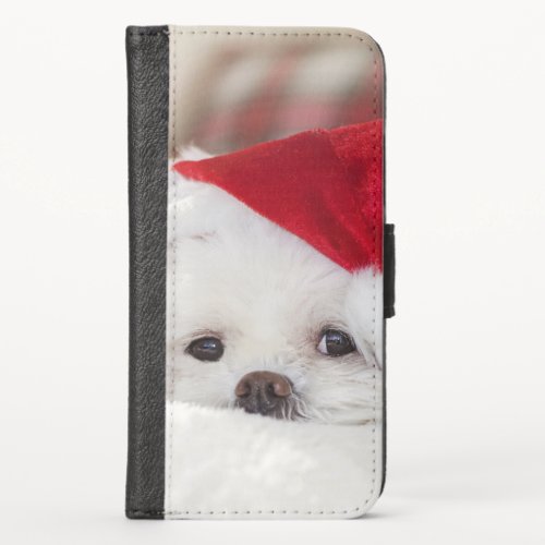 Cute White Dog in a Red Christmas Hat iPhone X Wallet Case