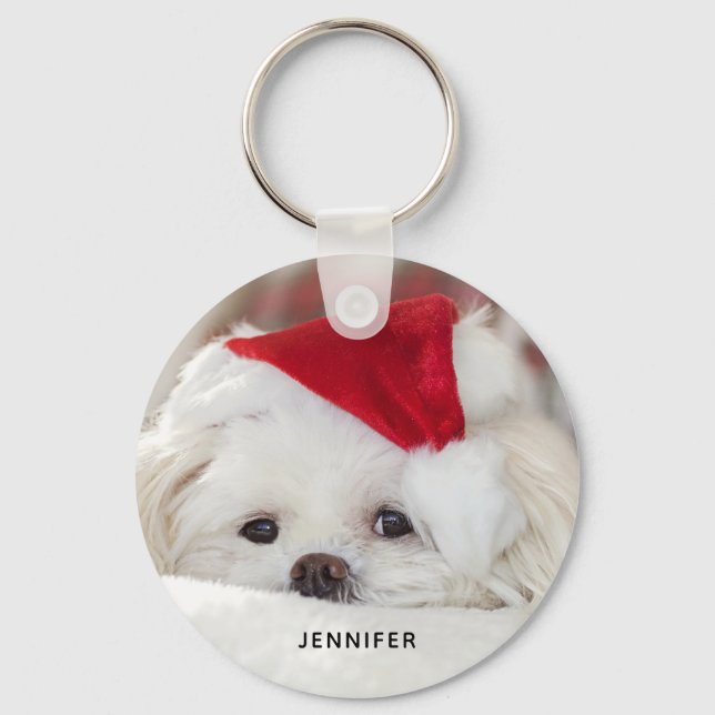Cute White Dog in a Red Christmas Hat Keychain (Front)