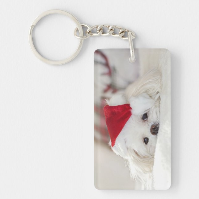 Cute White Dog in a Red Christmas Hat Keychain (Front)