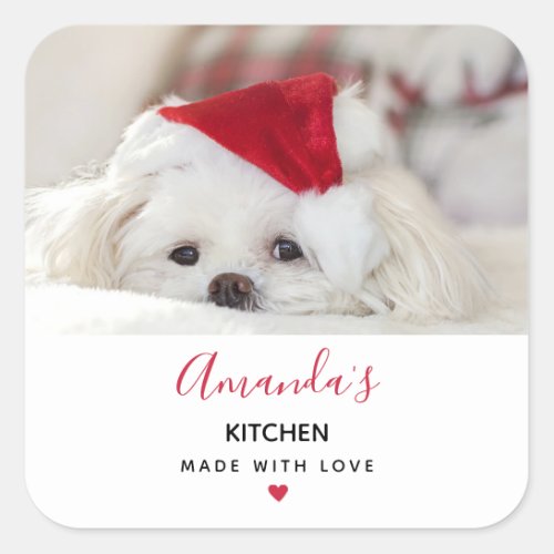 Cute White Dog in a Red Christmas Hat Kitchen Square Sticker