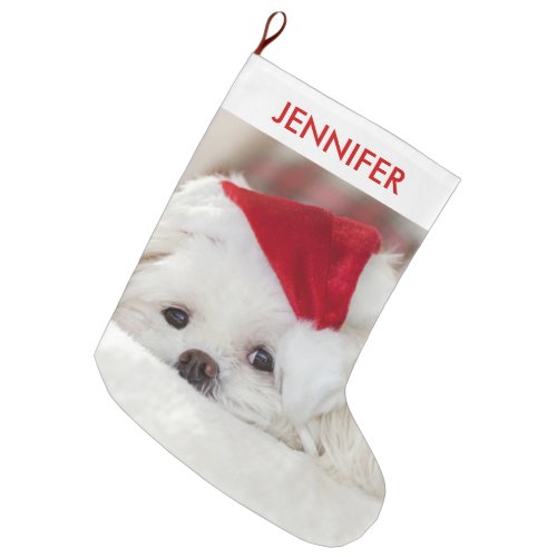 Cute White Dog in a Red Christmas Hat Large Christmas Stocking