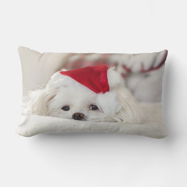 Cute White Dog in a Red Christmas Hat Lumbar Pillow (Front)