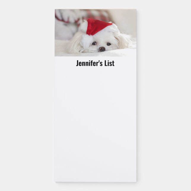 Cute White Dog in a Red Christmas Hat Magnetic Notepad (Front)