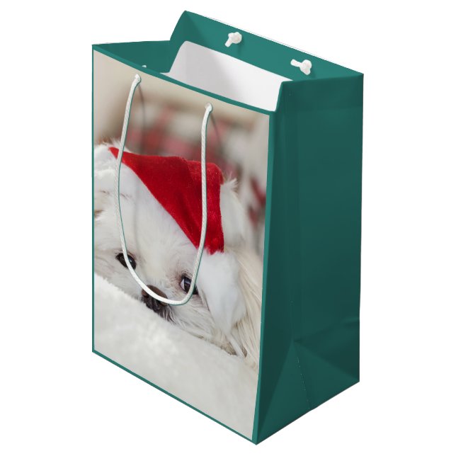 Cute White Dog in a Red Christmas Hat Medium Gift Bag (Front Angled)