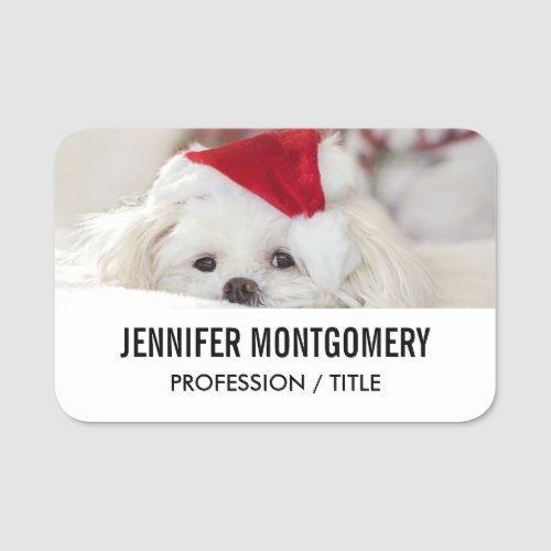 Cute White Dog in a Red Christmas Hat Name Tag