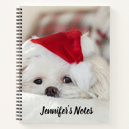 Cute White Dog in a Red Christmas Hat Notebook