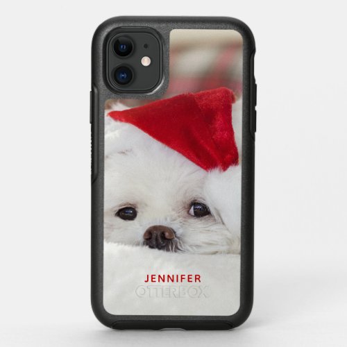 Cute White Dog in a Red Christmas Hat OtterBox Symmetry iPhone 11 Case