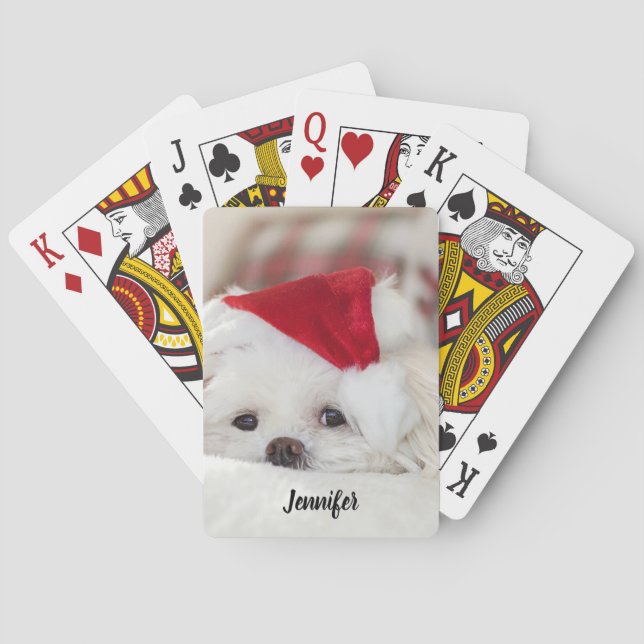 Cute White Dog in a Red Christmas Hat Poker Cards (Back)