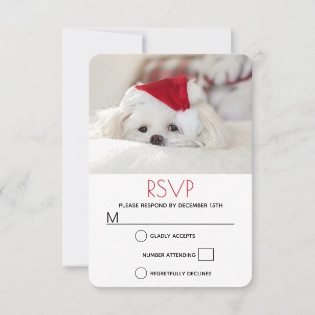 Cute White Dog in a Red Christmas Hat RSVP Card (Front)