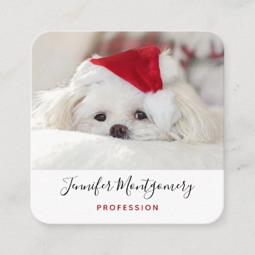 Cute White Dog in a Red Christmas Hat Square Business Card