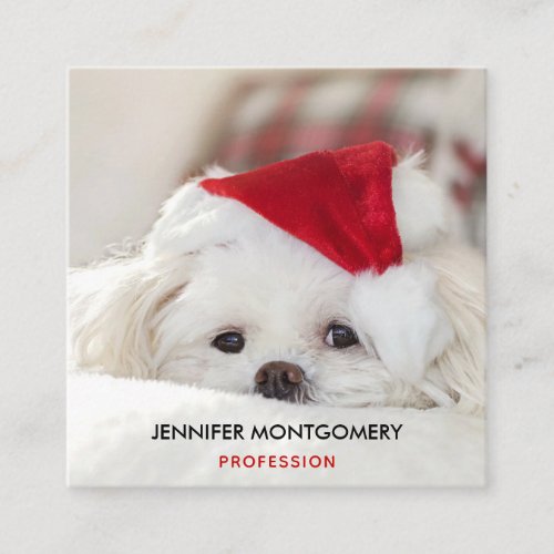 Cute White Dog in a Red Christmas Hat Square Business Card