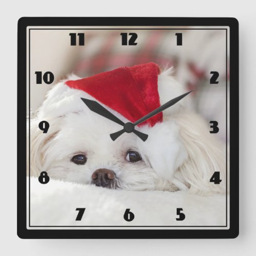 Cute White Dog in a Red Christmas Hat Square Wall Clock