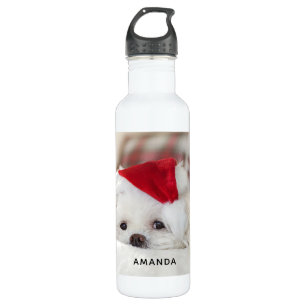 Cute White Dog in a Red Christmas Hat Stainless Steel Water Bottle