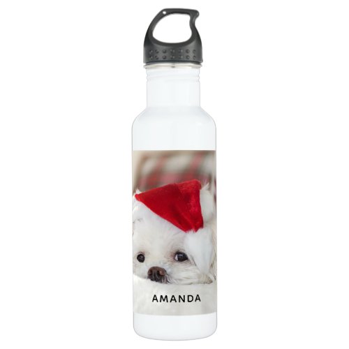 Cute White Dog in a Red Christmas Hat Stainless Steel Water Bottle