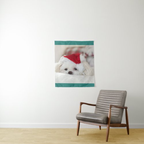 Cute White Dog in a Red Christmas Hat Tapestry