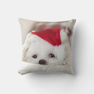 Cute White Dog in a Red Christmas Hat Throw Pillow