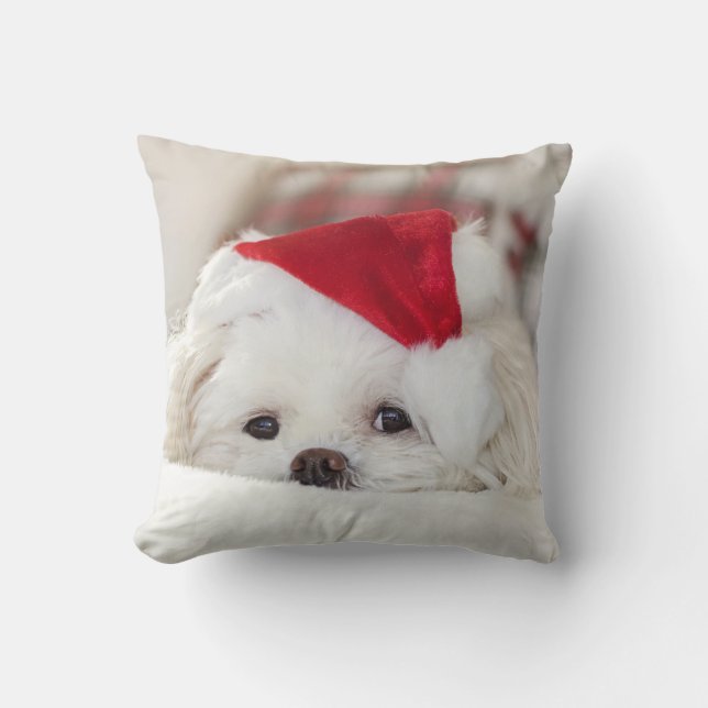 Cute White Dog in a Red Christmas Hat Throw Pillow (Front)