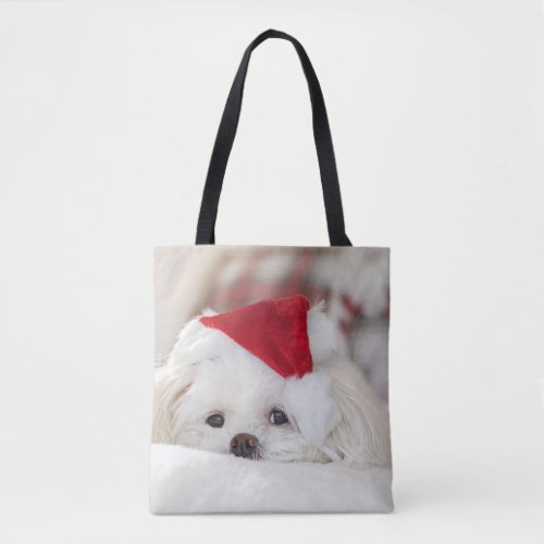 Cute White Dog in a Red Christmas Hat Tote Bag