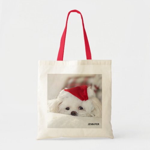 Cute White Dog in a Red Christmas Hat Tote Bag