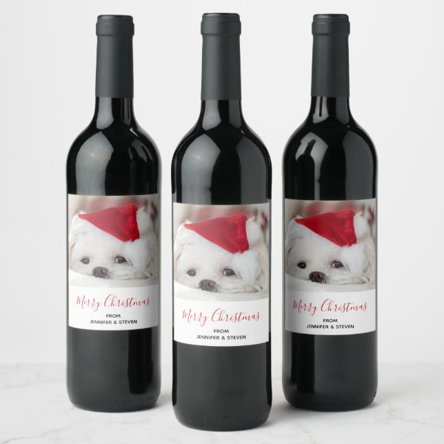 Cute White Dog in a Red Christmas Hat Wine Label (Bottles)
