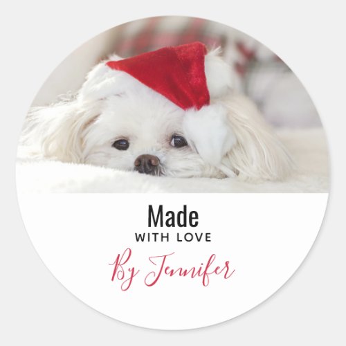 Cute White Dog in a Red Xmas Hat Made with Love Classic Round Sticker