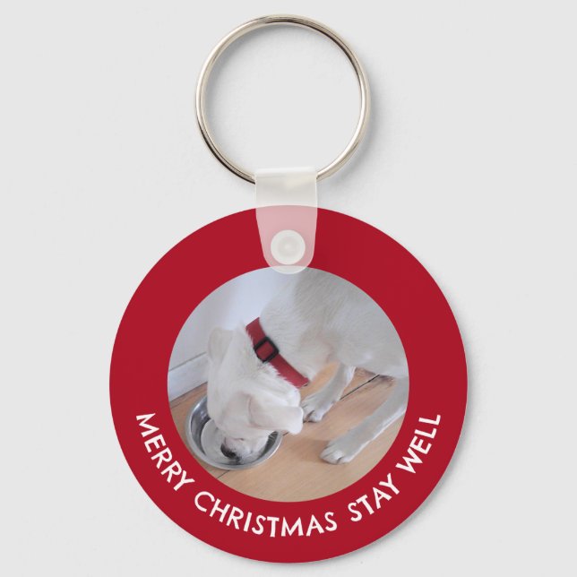 Cute White Dog Photo Healthy Merry Christmas Red Keychain (Front)