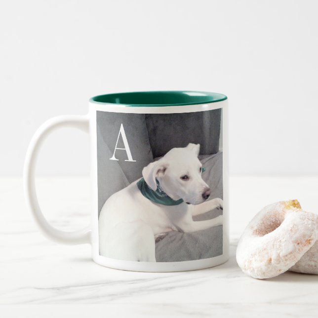 Cute White Dog Single Initial Green Two-Tone Coffee Mug (With Donut)