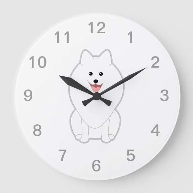 Cute White Dog. Spitz or Pomeranian. Large Clock (Front)