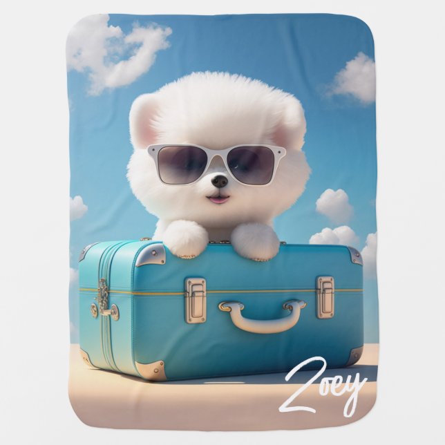 Cute White Dog Travel Suitcase Personalized Name Baby Blanket (Front)