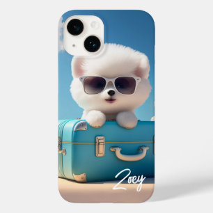 Cute White Dog Travel Suitcase Personalized Name Case-Mate iPhone 14 Case