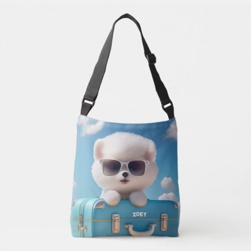 Cute White Dog Travel Suitcase Personalized Name Crossbody Bag