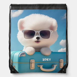 Cute White Dog Travel Suitcase Personalized Name Drawstring Bag